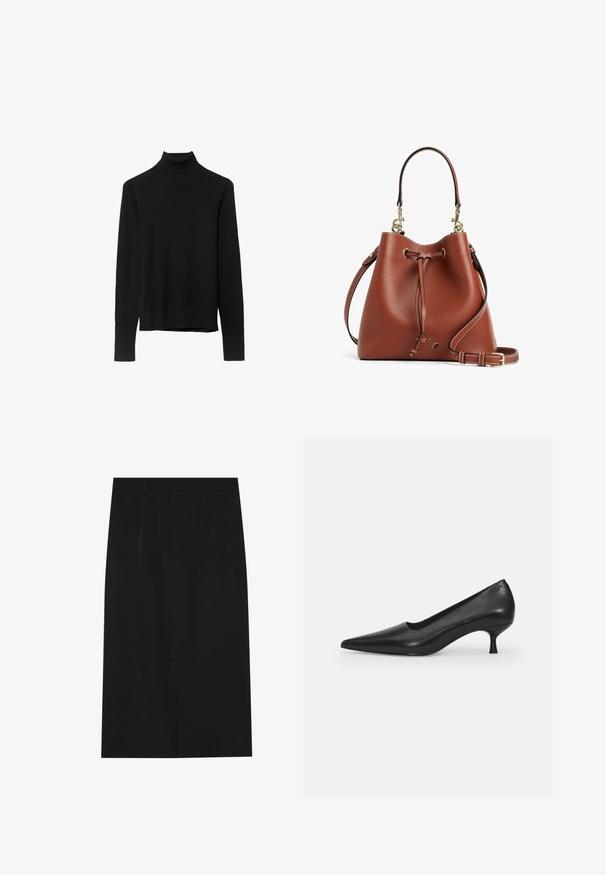 Schwarzer Rollkragenpullover aus weichem Strickstoff. Mit langen Ärmeln und einer engen Passform sowie einem geraden Saum.; Schwarzer, knielanger Bleistiftrock aus glattem Stoff. Verfügt über ein schlichtes Design mit zwei vorderen Nähten und einem verdeckten Reißverschluss auf der Rückseite.; Schwarzer Leder-Hochschuh mit spitzer Zehe, geschwungenem Design und schmalem 5 cm Absatz. Glatte Textur mit minimalen Verzierungen.; Braune Leder-Eimer-Tasche mit strukturiertem Finish, Kordelzugverschluss und abnehmbarem Schultergurt. Akzente aus goldenem Metall.