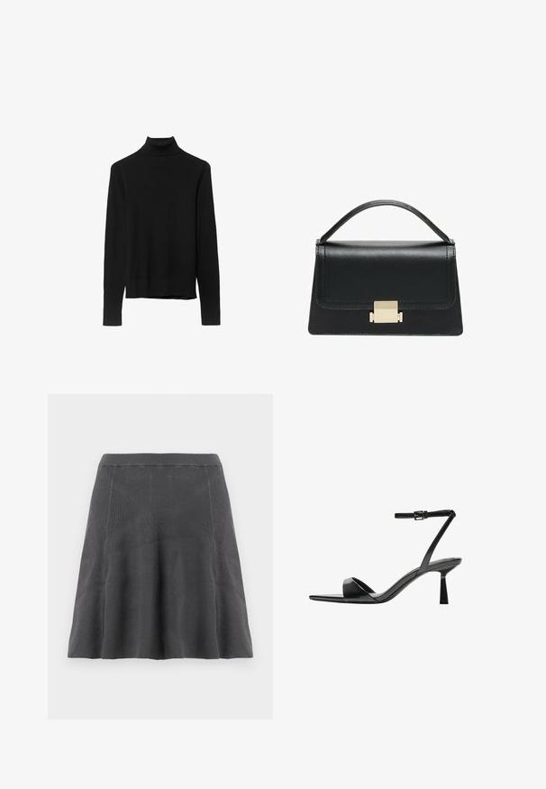 Schwarzer Rollkragenpullover aus weichem Strickstoff. Mit langen Ärmeln und einer engen Passform sowie einem geraden Saum.; Grau gestrickter A-Linien-Rock mit gerippter Textur, einem taillierten Bund und ausgestelltem Saum, der eine glatte Silhouette und ein lässiges Design bietet.; Bershka High Heel Sandalette - black; Schwarze Lederhandtasche mit strukturiertem Design, oberem Griff und einem goldenen Metallschnappverschluss auf der Vorderseite. Glatte Textur, minimale Nähte.
