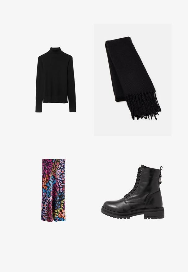 Schwarzer Rollkragenpullover aus weichem Strickstoff. Mit langen Ärmeln und einer engen Passform sowie einem geraden Saum.; Next PETITE FIT - Maxirock - bright animal; Schwarze Leder-Stiefelette mit runder Zehenpartie, Schnürung vorne und strukturiertem Gummi-Sohle. Verfügt über eine Zuglasche hinten und verstärkte Nähte.; Schwarzer Schal aus weichem, strukturiertem Stoff. Hat fransige Ränder und eine rechteckige Form, ideal zum Drapieren um den Hals.; Braune Leder-Handtasche mit strukturiertem Design. Sie verfügt über einen Frontklappenverschluss, zwei Tragegriffe, einen abnehmbaren Schultergurt und einen floralen Schal, der an einer Seite gebunden ist.
