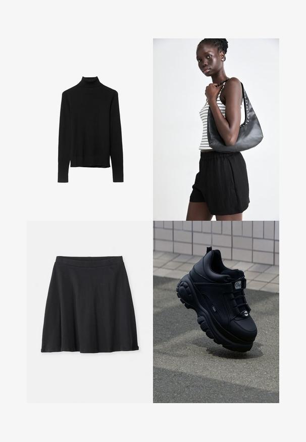 Czarny sweter z golfem wykonany z miękkiej dzianiny. Posiada długie rękawy oraz dopasowany krój z prostym wykończeniem.; Czarna spódnica w kształcie litery A, długości do kolan, z dopasowanym pasem, wykonana z prążkowanej tkaniny, wyeksponowana na jednolitym białym tle.; Czarne, masywne sneakersy z gładkiej skóry, z sznurowanym przodem, wyściełaną podeszwą i wytłoczonym logo z boku. Widoczna teksturowana podeszwa.; Czarna skórzana torba na ramię o zaokrąglonym kształcie, zdobiona srebrnymi ćwiekami wzdłuż szwu. Modelka ma na sobie paskowaną bluzkę na ramiączkach i czarne szorty.