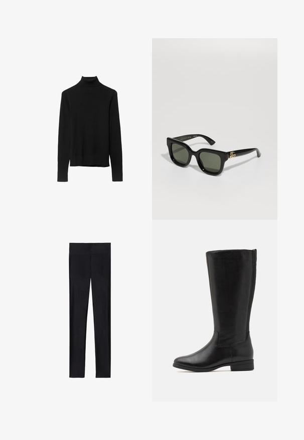 Černý rolák z měkké pleteniny. Disponuje dlouhými rukávy a úzkým střihem se rovnými okraji.; Černé legíny vyrobené z elastické tkaniny; mají hladký povrch, celoplošný design a elastický pas bez viditelných švů.; Černé kozačky po kolena vyrobené z hladké kůže. Mají kulatou špičku a nízký blokový podpatek. Boční elastický panel pro snadné obouvání.; Černé obdelníkové sluneční brýle s tmavě zelenými skly. Vyznačují se lesklým plastovým rámem a zlatými kovovými doplňky po stranách.
