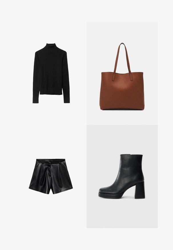 Czarny sweter z golfem wykonany z miękkiej dzianiny. Posiada długie rękawy oraz dopasowany krój z prostym wykończeniem.; Czarne skórzane szorty z wysokim stanem, fałdami z przodu i bocznymi kieszeniami. Gładka tekstura z połyskującym wykończeniem.; Czarne skórzane botki za kostkę z blokowym obcasem i platformą, widok z boku na białym tle.; Brązowa skórzana torba tote o gładkiej fakturze, z otwartym wierzchem i dwoma ramiączkami. Charakteryzuje się minimalnym przeszyciem i brakiem widocznych elementów metalowych.