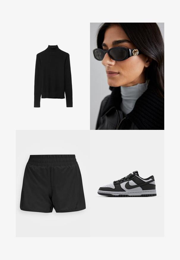 Črna pulover majica z visoko ovratnikom, izdelana iz mehkega pletenega materiala. Ima dolge rokave in prilegajočo se zasnovo s ravnim robom.; Črne atletske hlače s elastičnim pasom, gladko teksturo in stranskimi žepi. Imajo dolžino do sredi stegna in minimalističen dizajn.; Črne in sivo Nike Dunk nizke superge z perforiranim prstom, gladkimi usnjenimi detajli in gumijastim podplatom z teksturiranim vzorcem.; Črne sončne očala z elegantnim pravokotnim okvirjem in zlatim logotipom na strani. Temna stekla in sijajna površina sta izrazita.; Even&Odd Torba za nakupovanje - black