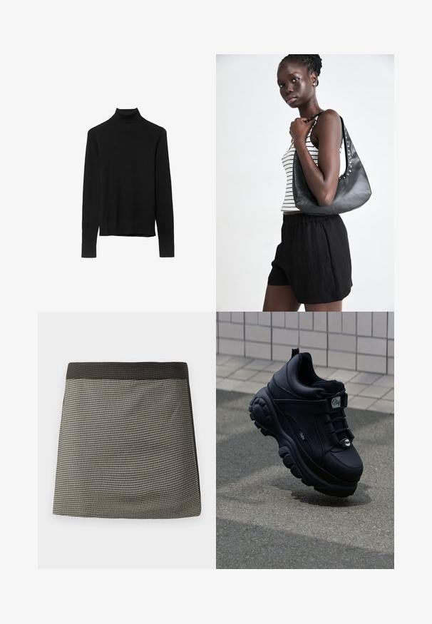 Czarny sweter z golfem wykonany z miękkiej dzianiny. Posiada długie rękawy oraz dopasowany krój z prostym wykończeniem.; Czarna i kremowa spódnica w kratę z jednolitą czarną talią. Posiada prosty krój, gładką teksturę i jednolity wzór na całej powierzchni.; Czarne, masywne sneakersy z gładkiej skóry, z sznurowanym przodem, wyściełaną podeszwą i wytłoczonym logo z boku. Widoczna teksturowana podeszwa.; Czarna skórzana torba na ramię o zaokrąglonym kształcie, zdobiona srebrnymi ćwiekami wzdłuż szwu. Modelka ma na sobie paskowaną bluzkę na ramiączkach i czarne szorty.