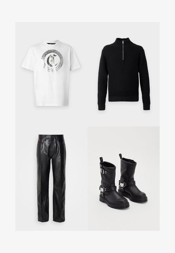 Juodas megztinis su aukštu apykakle ir pusiau užtrauktuku. Tekstūruota vaflinė struktūra, prigludę rankogaliai ir apatinis kraštas.; Balta medvilninė marškinėliai su dideliu sidabriniu apvaliu grafiku, kuriame pavaizduota gyvatė ir tekstas "JUST CAVALLI" centre. Trumpomis rankovėmis, apvaliu iškirpimu.; Juodos odinės kelnės su tiesius kojas formuojančiu dizainu. Yra sagties uždarymas ir priekinės kišenės, demonstruojančios lygų paviršių ir minimalų siuvimą.; Juodos odinės aulinės botai su tvirtu padu, turintys šoninės sagties dirželį ir dekoratyvinius elementus. Lygus paviršius su patogiu užtrauktuku.