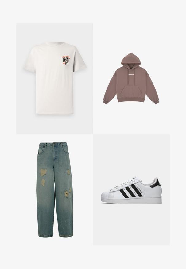 Pullover-hoodie i dämpad brun färg, med en känguruficka, snörknäppning på huvan och liten vit logotyp på bröstet. Mjuk tygtextur.; Ljusbeige bomulls t-shirt med rund hals, korta ärmar och en svart hundgrafik med texten "RIDE the RAILS" i orange.; Ljust blå denimjeans med avslappnad passform, med flera slitna lappar och fransade kanter. Klassisk femfickorsdesign.; Vit Adidas Superstar-sko med svarta ränder, skaligtå och "Superstar"-text på sidan, visad i vänsterprofil på vit bakgrund.