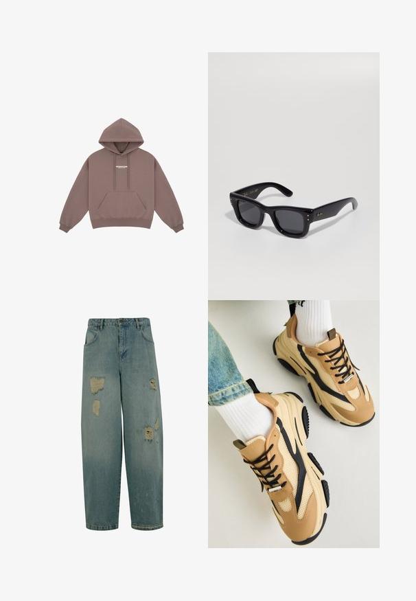 Pull-over hoodie in muted brown, featuring a kangaroo pocket, drawstring hood, and small white logo on the chest. Soft fabric texture.; Light blue denim jeans with a relaxed fit, featuring multiple distressed patches and frayed edges. Classic five-pocket design.; Steve Madden POSSESS - Trainers - khaki; Black sunglasses with a glossy finish, rectangular frame, dark lenses, and gold logo accents on the temples. Two gold dots on each front corner.