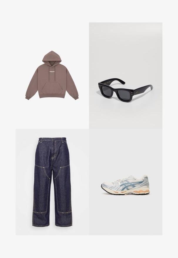 Bluza z kapturem w stonowanym brązie, z kieszenią typu kangurka, kapturem na sznurki oraz małym białym logo na piersi. Miękka tekstura materiału.; Carhartt WIP NASH PANT SMITH - Jeansy Relaxed Fit; Buty do biegania z lekką siateczkową cholewką w srebrno-niebieskich akcentach, z beżową wyściółką amortyzującą oraz trwałą czarną gumową podeszwą.; Czarne okulary przeciwsłoneczne o błyszczącym wykończeniu, prostokątnej oprawie, ciemnych soczewkach i złotych akcentach logo na zausznikach. Dwie złote kropki na każdym przednim rogu.