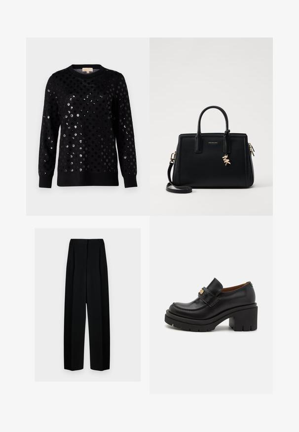 Schwarzer Pullover mit strukturierten Oberflächen und glänzenden, runden Pailletten in unterschiedlichen Größen, geripptem Kragen und langen Ärmeln.; Schwarze weit geschnittene Hosen mit hoher Taille, die Falten und eine glatte Textur aufweisen. Der Stoff wirkt leicht und fällt elegant.; Schwarze Lederloafers haben eine hohe, klobige Plateausohle mit einer strukturierten Sohle. Sie verfügen über ein gesticktes Design und eine golden-farbene Akzentuierung am Riemen.; Schwarze Ledertasche mit strukturiertem Design, doppelten oberen Griffen, abnehmbarem Schulterriemen, goldfarbenen Beschlägen und einem Logo-Anhänger.