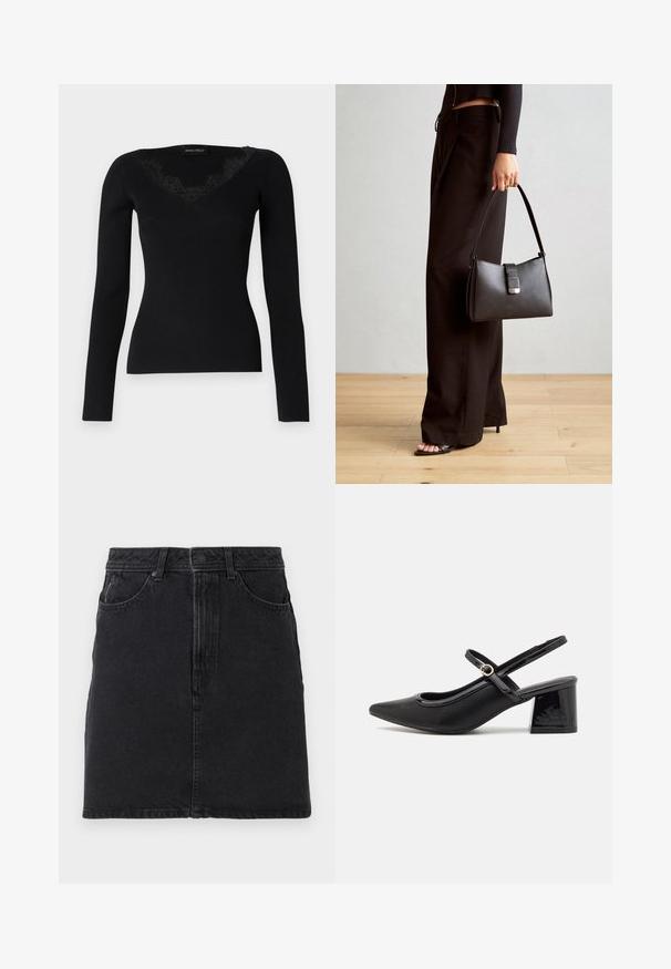 Haut noir à manches longues en maille côtelée avec un décolleté en V orné de dentelle. La texture du tissu semble lisse et ajustée, idéale pour des looks superposés.; Jupe en denim noir au cut droit, dotée d'une fermeture à boutons et à glissière sur le devant, de deux poches avant et de détails de couture simples.; Escarpins slingback en cuir verni noir avec un embout pointu, un design à découpes arrondies et un talon carré. Présente un accent de boucle en ton doré.; Sac à main noir à la forme structurée, texture lisse et fermoir métallique. Associé à un pantalon noir ample et des sandales ouvertes sur un sol en bois.