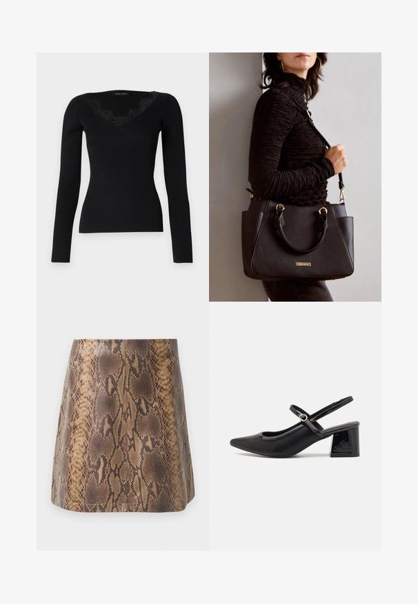 Top negro de manga larga de canalé con escote en V y detalles de encaje. La textura de la tela parece suave y ajustada, adecuada para combinar en capas.; Falda mini de imitación de piel de serpiente marrón, hecha de cuero sintético, con una textura suave, silueta ajustada y sutiles detalles en las costuras.; Tacones slingback de charol negro con punta afilada, un diseño de corte redondeado y tacón bloque. Incluye un detalle de hebilla en tono dorado.; Bolso negro con superficie texturizada, doble asa superior y correa para hombro ajustable. Presenta herrajes en tono dorado y bolsillos laterales.