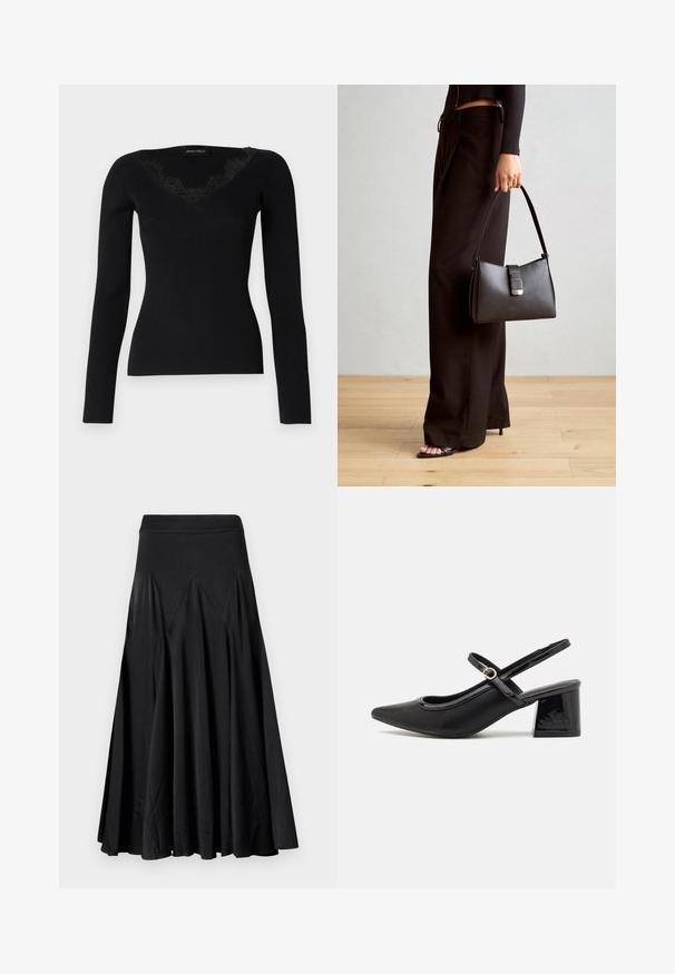 Haut noir à manches longues en maille côtelée avec un décolleté en V orné de dentelle. La texture du tissu semble lisse et ajustée, idéale pour des looks superposés.; Jupe noire évasée avec une taille élastique, fabriquée à partir d'un tissu lisse, présentant des détails plissés pour une texture et un mouvement supplémentaires.; Escarpins slingback en cuir verni noir avec un embout pointu, un design à découpes arrondies et un talon carré. Présente un accent de boucle en ton doré.; Sac à main noir à la forme structurée, texture lisse et fermoir métallique. Associé à un pantalon noir ample et des sandales ouvertes sur un sol en bois.