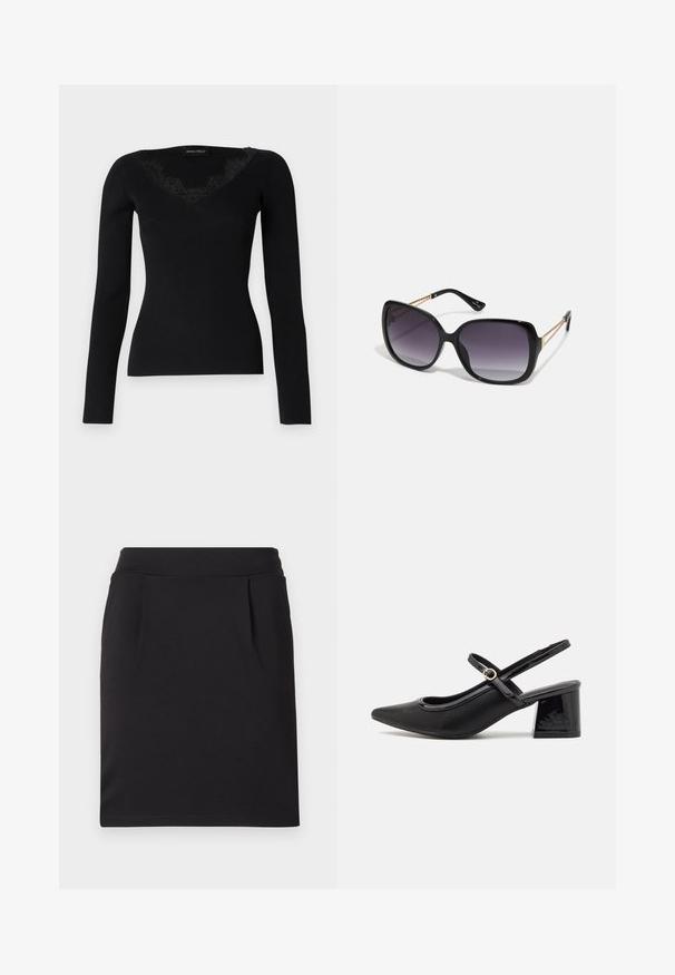 Haut noir à manches longues en maille côtelée avec un décolleté en V orné de dentelle. La texture du tissu semble lisse et ajustée, idéale pour des looks superposés.; Jupe noire longueur genou en tissu lisse, dotée d'une taille cintrée et de deux plis discrets à l'avant pour une touche de détail supplémentaire.; Escarpins slingback en cuir verni noir avec un embout pointu, un design à découpes arrondies et un talon carré. Présente un accent de boucle en ton doré.; Lunettes de soleil noires surdimensionnées avec des verres dégradés, monture épaisse et détails en chaîne dorée sur les branches.; Sac à main noir à la forme structurée, texture lisse et fermoir métallique. Associé à un pantalon noir ample et des sandales ouvertes sur un sol en bois.
