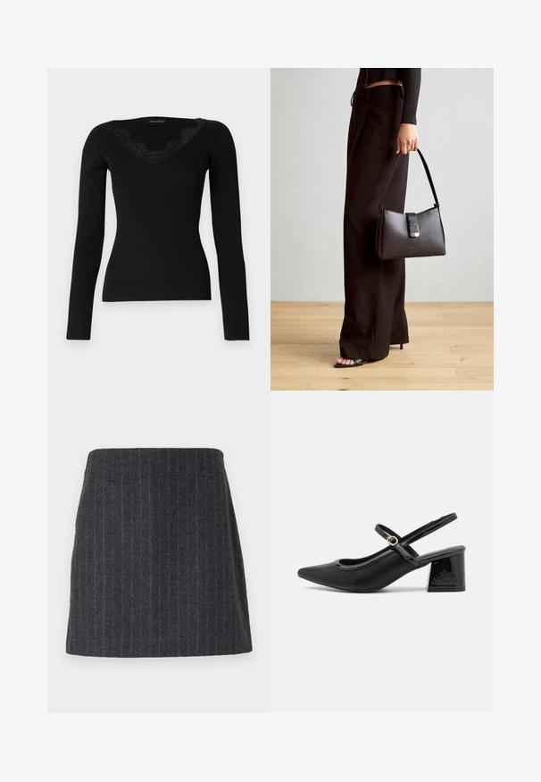 Črna dolga majica z rebrastim vzorcem in V-izrezom z čipkastimi detajli. Tekstura tkanine se zdi gladka in oprijeta, primerna za plaste.; Temno siva mini krila iz teksturirane tkanine z navpičnimi črtami. Ravnina kroja z elastičnim pasom in gladkim zaključkom.; Črne patentne usnjene salonarce s slingback obliko, s koničastim nosom, zaobljenim izrezom in blok peto. Imajo zlato kovinsko zaponko kot dodatno okrasje.; Črna torbica z strukturirano obliko, gladko teksturo in kovinskim zaponko. Ujemajo se z širokimi črnimi hlačami in odprtimi sandali na lesenem tleh.