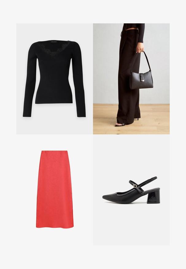 Bluză neagră cu mâneci lungi, din material ribat, cu decolteu în V și accente din dantelă. Textura țesăturii pare netedă și ajustată, potrivită pentru ținute în straturi.; Fustă midi roșie cu o textură netedă, având un luciu ușor și o siluetă în formă de A. Fără modele vizibile sau detalii metalice.; Cizme cu toc slingback din piele sintetică lacuită neagră, cu vârful ascuțit, un design cu decupaj rotunjit și toc bloc. Include un accent cu cataramă de culoare aurie.; Genți negre cu o formă structurată, textură netedă și un închizător metalic. Asortată cu pantaloni negri largi și sandale cu vârf deschis pe un podea din lemn.