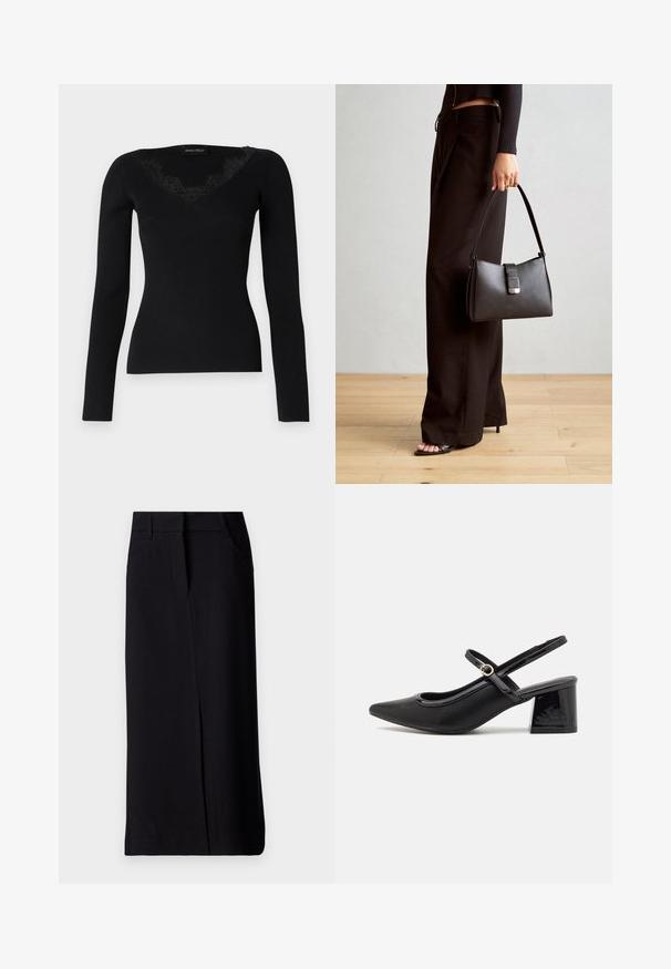 Black long-sleeve ribbed top featuring a V-neck with lace accents. Fabric texture appears smooth and fitted, suitable for layered looks.; Black long skirt made of fabric with a smooth texture. Features a front slit and two side pockets. Classic design with a fitted waist.; Black patent leather slingback heels with a pointed toe, a rounded cutout design, and a block heel. Features a gold-tone buckle accent.; Black handbag with structured shape, smooth texture, and a metallic clasp. Paired with wide black pants and open-toe sandals on wooden floor.