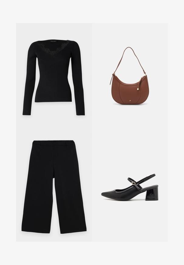Top longo de malha preta com decote em V e acabamentos em renda. A textura do tecido aparenta ser suave e ajustada, adequada para looks em camadas.; Calças largas pretas com um cinturão elástico. Feitas de um tecido suave, apresentam um design simples e limpo, sem bolsos ou adornos.; Sabrinas de cerâmica preta com salto bloco, bico apontado e um design com recortes arredondados. Apresenta um detalhe em fivela de tom dourado.; Mala de ombro em pele sintética castanha com forma curva, costura minimalista e detalhe em metal dourado. Apresenta fecho de zíper no topo e alça ajustável.
