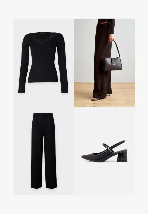Mustmust pikkade varrukatega ribatud topp, millel on V-kujuline kaelus pitsaktsentidega. Kanga tekstuur tundub siledana ja liibuvalt, sobides kihilise välimuse jaoks.; Mustad laiad püksid, millel on sile tekstuur, tasane esiosa, voltide äär ja kohandatud vöökoht. Ei mingeid nähtavaid riistu ega mustreid.; Mustad läikivad nahast slingback-kõrged kontsad, millel on terav nina, ümar lõikekujundus ja blokknina. Omab kuldset nupu aktsenti.; Must musta kott, millel on struktureeritud kuju, sile tekstuur ja metallist klamber. Kombineeritud laiate mustade pükstega ja avatud varvaste sandaalidega puidust põrandal.