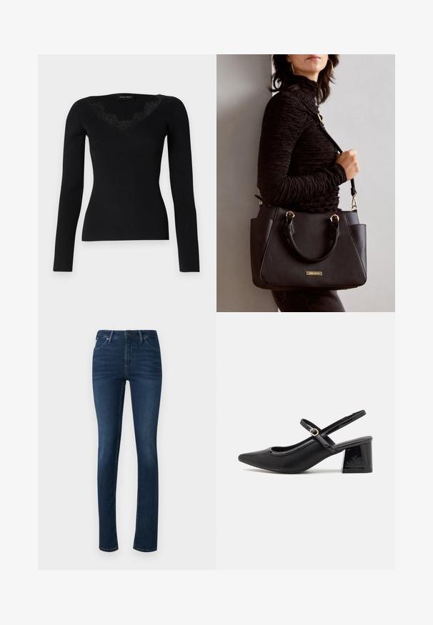 Juodas ilgas rankovės lygus viršus su V formos iškirpte ir nėrinių detalėmis. Audinio tekstūra atrodo lygi ir prigludusi, tinkama sluoksniams.; Tamsiai mėlyni džinsai su siauru siluetu, pagaminti iš džinsinio audinio, su penkiomis kišenėmis, užsegimu mygtuku ir užtrauktuku bei vidutinio aukščio liemeniu.; Juodi patentinio odos slingback aukštakulniai su smailiu pirštu, apvaliu išpjovimu ir blokiniu kulnu. Papuošti auksiniu juostos akcentu.; Juodas rankinės maišelis su struktūrizuota paviršiumi, dvigubais viršutiniais rankenėlėmis ir reguliuojamu peties diržu. Įrengtas aukso spalvos furnitūra ir šoninės kišenės.