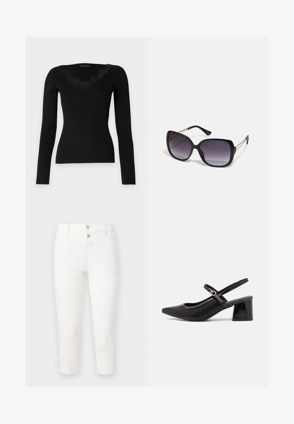 Črna dolga majica z rebrastim vzorcem in V-izrezom z čipkastimi detajli. Tekstura tkanine se zdi gladka in oprijeta, primerna za plaste.; Bela skrajšana jeans hlače iz bombažnega mešanega materiala. Imajo dve sprednji žep, dva zadnja žepa in gladko površino. Zapiranje z kovinsko gumbom.; Črne patentne usnjene salonarce s slingback obliko, s koničastim nosom, zaobljenim izrezom in blok peto. Imajo zlato kovinsko zaponko kot dodatno okrasje.; Črne prevelike sončne očala z degradacijskimi lečami, debelimi okvirji in zlatimi verižicami na ročajih.; Črna torbica z strukturirano obliko, gladko teksturo in kovinskim zaponko. Ujemajo se z širokimi črnimi hlačami in odprtimi sandali na lesenem tleh.