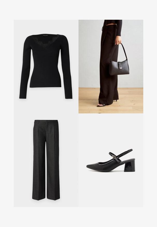Zwarte langemouwen rib gebreide top met een V-hals en kanten accenten. De stof voelt glad en aansluitend aan, geschikt voor gelaagde looks.; Zwarte wijde broek van textuurstof, met een rechte voorkant, twee zijzakken en een schone afwerking zonder versieringen.; Zwarte gepolijste leren slingback hakken met een spitse neus, een ronde uitsnede en een blokhak. Voorzien van een gouden gespaccent.; Zwarte handtas met gestructureerde vorm, gladde textuur en een metalen sluiting. Gecombineerd met brede zwarte broeken en sandalen met open teen op een houten vloer.