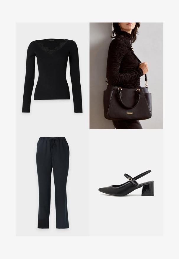 Black long-sleeve ribbed top featuring a V-neck with lace accents. Fabric texture appears smooth and fitted, suitable for layered looks.; Black, relaxed-fit pants with an elastic waistband and drawstring. Made of lightweight fabric, featuring a smooth texture and straight legs.; Black patent leather slingback heels with a pointed toe, a rounded cutout design, and a block heel. Features a gold-tone buckle accent.; Black handbag with textured surface, dual top handles, and adjustable shoulder strap. Features gold-tone hardware and side pockets.