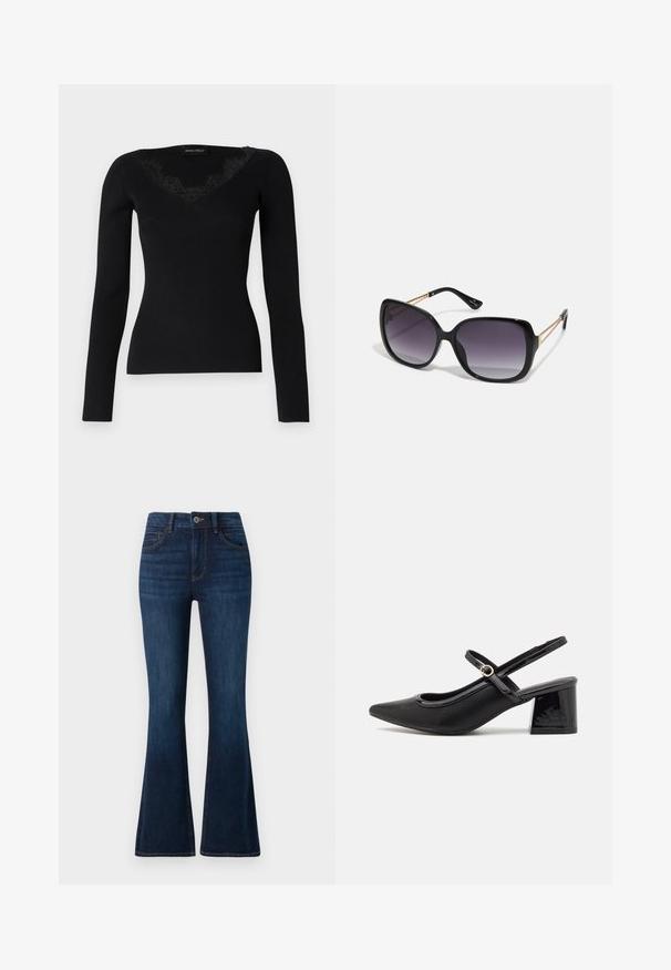 Haut noir à manches longues en maille côtelée avec un décolleté en V orné de dentelle. La texture du tissu semble lisse et ajustée, idéale pour des looks superposés.; TOM TAILOR STELLA denim bleu foncé; Escarpins slingback en cuir verni noir avec un embout pointu, un design à découpes arrondies et un talon carré. Présente un accent de boucle en ton doré.; Lunettes de soleil noires surdimensionnées avec des verres dégradés, monture épaisse et détails en chaîne dorée sur les branches.; Sac à main noir à la forme structurée, texture lisse et fermoir métallique. Associé à un pantalon noir ample et des sandales ouvertes sur un sol en bois.
