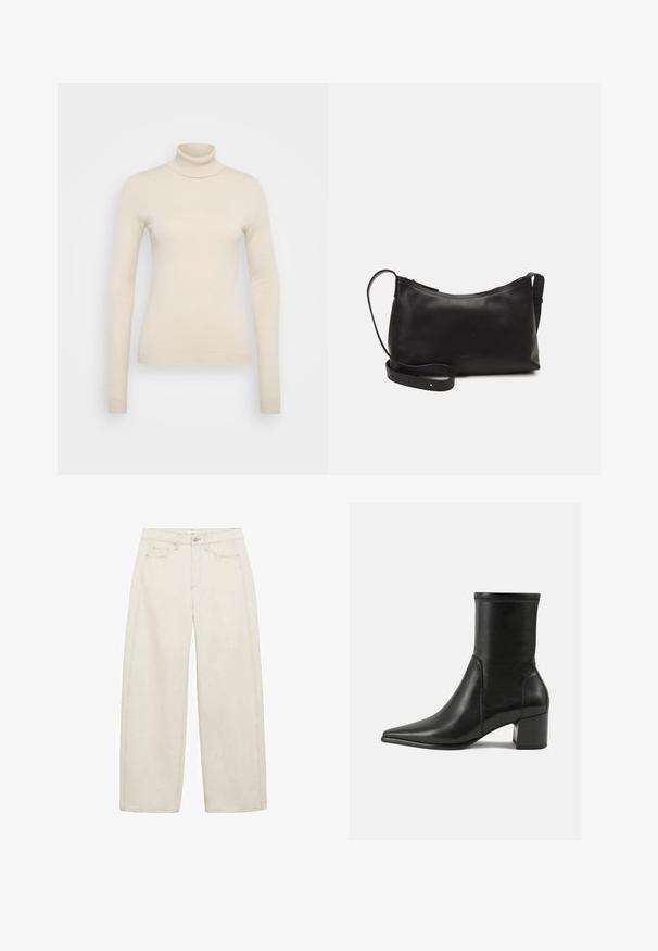 Vero Moda Tall VMHAPPINESS ROLLNECK - Maglione - oatmeal; Jeans beige a gamba larga in cotone, con vita alta, due tasche anteriori e cuciture a contrasto. Design classico in denim con vestibilità comoda.; Stivale alla caviglia nero in pelle liscia, con punta appuntita, tacco a blocco e cuciture raccolte distintive lungo il bordo superiore.; Borsa a spalla in pelle nera con una texture liscia, forma curva, tracolla regolabile e chiusura con zip. Design minimalista senza ornamenti.