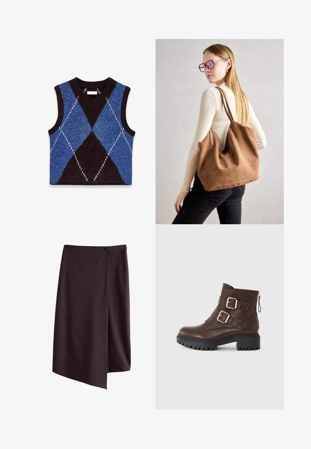 Gilet sans manches en tricot avec un motif argyle marron et bleu, décolleté en v, et des détails blancs le long des formes en losange.; Jupe marron foncé à fines rayures verticales, avec un design portefeuille et une fermeture à boutons à la taille. Texture lisse. Les bords sont asymétriques.; Bottine en cuir marron avec boucles dorées, fermeture zippée et semelle en caoutchouc noir robuste. Présente une finition texturée et une silhouette épurée.; Sac fourre-tout en daim marron avec une texture douce, grande ouverture et longues sangles. Présente un design simple avec des coutures visibles et sans matériel.
