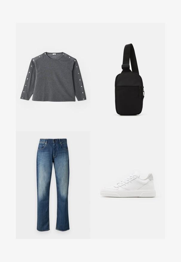 Šedé tričko s dlouhým rukávem z jemné tkaniny, s kulatým výstřihem a patkami se skrytými knoflíky na rameni pro zvýraznění detailu.; Tmavě modré džínové kalhoty s rovnýma nohama, s lehkým vyblednutím, klasickým pětipocketovým designem a jedním kovovým zapínáním na knoflík v pase.; Bílé kožené tenisky s hladkým povrchem, zaoblenou špičkou, plochými tkaničkami a texturovanou podrážkou. Šedý semišový detail na patě.; Černá crossbody taška vyrobená z odolné tkaniny, s jedním nastavitelným popruhem, zapínacím hlavním oddělením a přední kapsou.