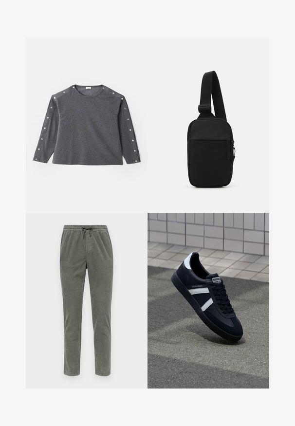 Cămașă gri cu mâneci lungi dintr-un material moale, având decolteu rotund și detalii cu nasturi prin apăsare pe umăr pentru un plus de stil.; Pantaloni din catifea în verde măsliniu, cu talie elastică și șnur, picioare drepte și un model de țesătură texturat.; Sneaker din piele neagră cu dungi albe, talpă din cauciuc texturat și șireturi. Prezintă un eticheta de marcă pe limbă.; Geantă crossbody neagră, confecționată dintr-un material rezistent, dotată cu o curea ajustabilă, un compartiment principal cu fermoar și o buzunar frontal.