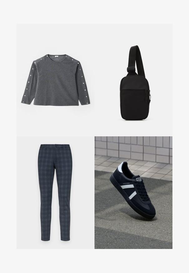 Maglietta grigia a maniche lunghe in tessuto morbido, con scollatura rotonda e dettagli con bottoni a pressione lungo la spalla.; Pantaloni a gamba slim, in tartan blu scuro con una sottile texture, dotati di chiusura frontale con bottone e passanti per cintura. Tessuto liscio con design su misura.; Sneaker neri in pelle con strisce bianche, suola in gomma texturizzata e allacciatura frontale. Presenta un'etichetta con il marchio sulla linguetta.; Borsa a tracolla nera realizzata in tessuto resistente, con una singola tracolla regolabile, un compartimento principale con zip e una tasca frontale.