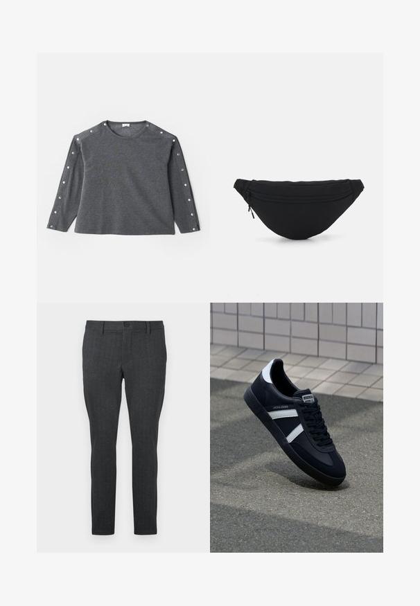 Grijze langemouwen shirt van zachte stof, met een ronde halslijn en drukknoopaccenten langs de schouder voor extra detail.; Donkergrijze broeken met een ge textured patroon, slim fit, standaard taille met een enkele knoop en rechte pijpen, ontworpen voor een moderne look.; Zwarte leren sneaker met witte strepen, een gestructureerde rubberen zool en vetersluiting aan de voorkant. Voorzien van een merklabel op de tong.; Zwarte stof heuptas met een afgeronde vorm, voorzak met rits en een gladde textuur. Geen zichtbare patronen of accenten. Lichtgewicht ontwerp.