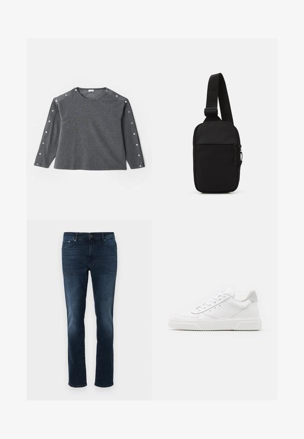 Šedá dlhá rukávová košeľa z mäkkého materiálu, s okrúhlym výstrihom a cvočkovými detailmi pozdĺž ramena pre zvýraznenie.; Tmavomodré deninové nohavice so striha s rovnými nohavicami, stredným pásom, piatimi vreckami a detailmi šitia. Hladká textúra s mierne vyblednutými akcentmi.; Biele kožené tenisky s hladkým povrchom, zaoblenou špičkou, plochými šnúrkami a textúrovanou podrážkou. Sivý semišový akcent na päte.; Čierna crossbody taška vyrobená z odolnej tkaniny, s jedným nastaviteľným popruhom, so zipsom na hlavnej priehradke a prednou kapsou.