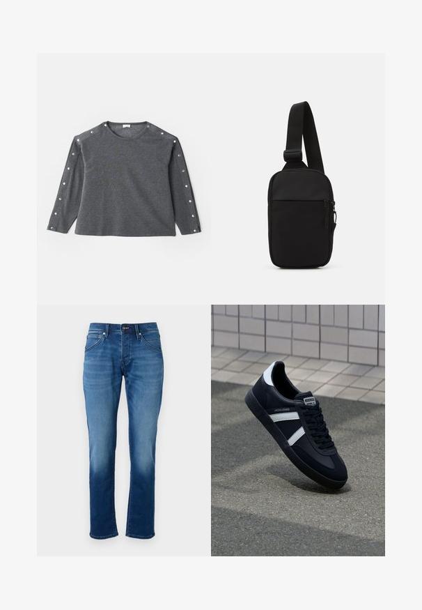 Cămașă gri cu mâneci lungi dintr-un material moale, având decolteu rotund și detalii cu nasturi prin apăsare pe umăr pentru un plus de stil.; Jeans din denim albastru cu croi dreapt, textură moale, cinci buzunare și închidere cu nasture. Materialul are un efect de spălare estompat.; Sneaker din piele neagră cu dungi albe, talpă din cauciuc texturat și șireturi. Prezintă un eticheta de marcă pe limbă.; Geantă crossbody neagră, confecționată dintr-un material rezistent, dotată cu o curea ajustabilă, un compartiment principal cu fermoar și o buzunar frontal.