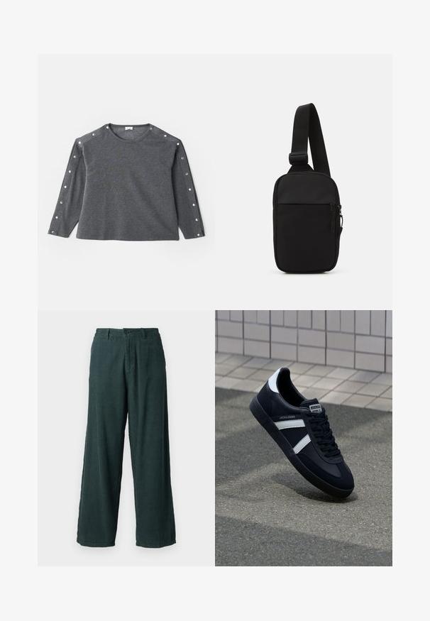 Graues Langarmshirt aus weichem Stoff mit rundem Ausschnitt und Druckknopfakzenten entlang der Schulter für zusätzliche Details.; Grüne Corduroy-Hosen im weiten Schnitt mit geradem Bein; ausgestattet mit einem Knopfverschluss und zwei seitlichen Taschen. Strukturierter, gerippter Stoff.; Schwarze Leder-Sneaker mit weißen Streifen, strukturiertem Gummisohle und Schnürung. Verfügt über ein Markenetikett auf der Zunge.; Schwarze Umhängetasche aus robustem Gewebe, mit einem verstellbaren Tragegurt, einem Reißverschluss-Hauptfach und einer Fronttasche.