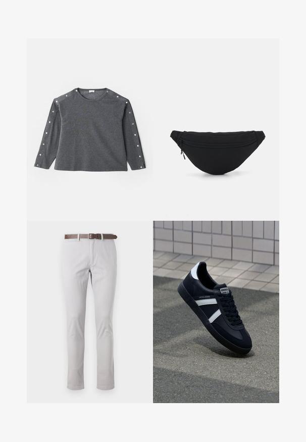 Grijze langemouwen shirt van zachte stof, met een ronde halslijn en drukknoopaccenten langs de schouder voor extra detail.; Lichtgrijze broek van katoen met een slim fit. Heeft een bruine leren riem en minimale stiksels aan de zijkanten.; Zwarte leren sneaker met witte strepen, een gestructureerde rubberen zool en vetersluiting aan de voorkant. Voorzien van een merklabel op de tong.; Zwarte stof heuptas met een afgeronde vorm, voorzak met rits en een gladde textuur. Geen zichtbare patronen of accenten. Lichtgewicht ontwerp.