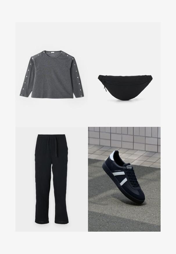 Grijze langemouwen shirt van zachte stof, met een ronde halslijn en drukknoopaccenten langs de schouder voor extra detail.; Zwarte, lichtgewicht broek met elastische tailleband, in een relaxte pasvorm en van structuurstof. Rechte pijpen met een licht toelopende manchette.; Zwarte leren sneaker met witte strepen, een gestructureerde rubberen zool en vetersluiting aan de voorkant. Voorzien van een merklabel op de tong.; Zwarte stof heuptas met een afgeronde vorm, voorzak met rits en een gladde textuur. Geen zichtbare patronen of accenten. Lichtgewicht ontwerp.