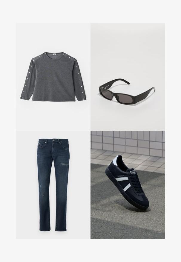 Gray long-sleeve shirt in soft fabric, featuring round neckline and snap button accents along the shoulder for added detail.; Dark blue denim jeans with a straight cut, featuring distressed details, subtle fading, and a classic five-pocket design.; Black leather sneaker with white stripes, textured rubber sole, and lace-up front. Features a branded label on the tongue.; Black rectangular sunglasses with dark lenses, a smooth plastic frame, and a subtle logo on the left arm. Minimalist design.