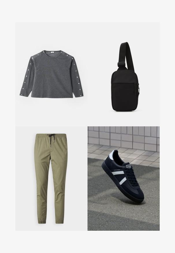 Gray long-sleeve shirt in soft fabric, featuring round neckline and snap button accents along the shoulder for added detail.; Light olive green jogger pants made from soft fabric, featuring an elastic waistband with a drawstring and elasticized cuffs at the ankles.; Black leather sneaker with white stripes, textured rubber sole, and lace-up front. Features a branded label on the tongue.; Black crossbody bag made of durable fabric, featuring a single adjustable strap, a zippered main compartment, and a front pocket.