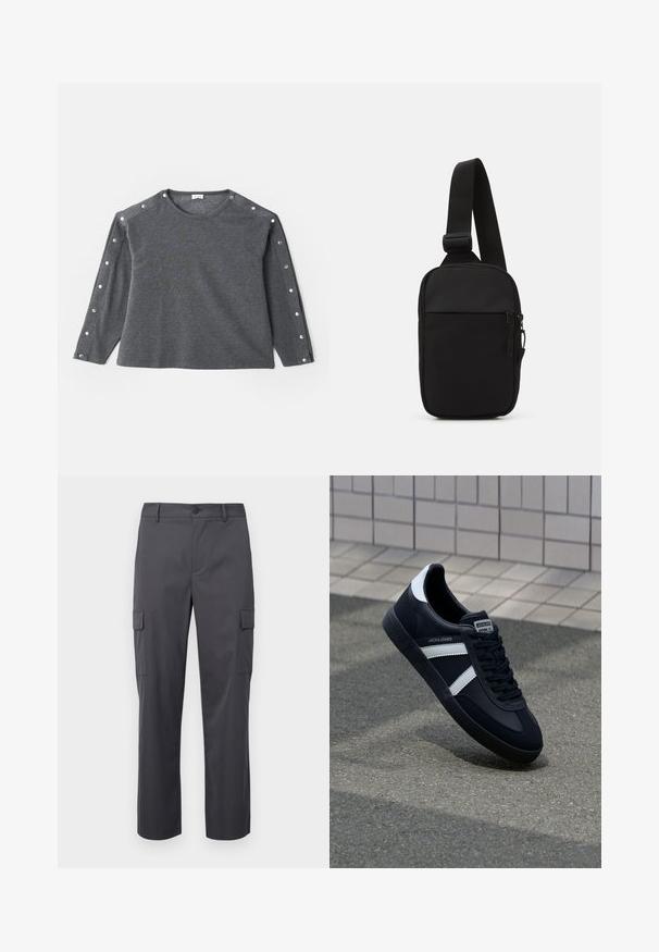 Gray long-sleeve shirt in soft fabric, featuring round neckline and snap button accents along the shoulder for added detail.; Charcoal gray cargo pants made of smooth fabric, featuring a straight leg design, two side pockets, and a button closure at the waist.; Black leather sneaker with white stripes, textured rubber sole, and lace-up front. Features a branded label on the tongue.; Black crossbody bag made of durable fabric, featuring a single adjustable strap, a zippered main compartment, and a front pocket.