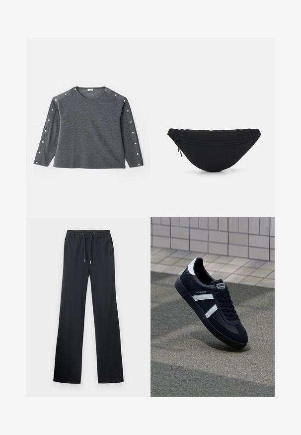 Grijze langemouwen shirt van zachte stof, met een ronde halslijn en drukknoopaccenten langs de schouder voor extra detail.; Zwarte wijde broek gemaakt van zachte stof. Heeft een elastische tailleband met een trekkoord en een subtiele glans. Geen zichtbare patronen of accenten.; Zwarte leren sneaker met witte strepen, een gestructureerde rubberen zool en vetersluiting aan de voorkant. Voorzien van een merklabel op de tong.; Zwarte stof heuptas met een afgeronde vorm, voorzak met rits en een gladde textuur. Geen zichtbare patronen of accenten. Lichtgewicht ontwerp.