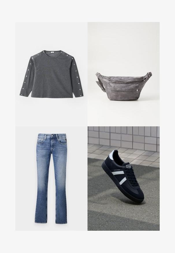 Pilkos spalvos ilgomis rankovėmis marškiniai iš minkštos medžiagos, su apvalia iškirpte ir spaudimo mygtukais palei pečius, suteikiančiais papildomų detalių.; Šviesiai mėlyni džinsai su išplėstu kojų dizainu, turintys penkis kišenes, priekinį užsegimą mygtuku ir subtiliai blukusias vietas.; Juodas odinis sportinis batelis su baltais dryžiais, tekstūruota gumine padais ir raišteliais priekyje. Yra prekės ženklą žymintis etiketė ant liežuvio.; Pilkas suedes fanny pack'as apvalios formos, su dviem užtraukiamais skyreliais ir reguliuojama diržele. Yra metaliniai aksesuarai.