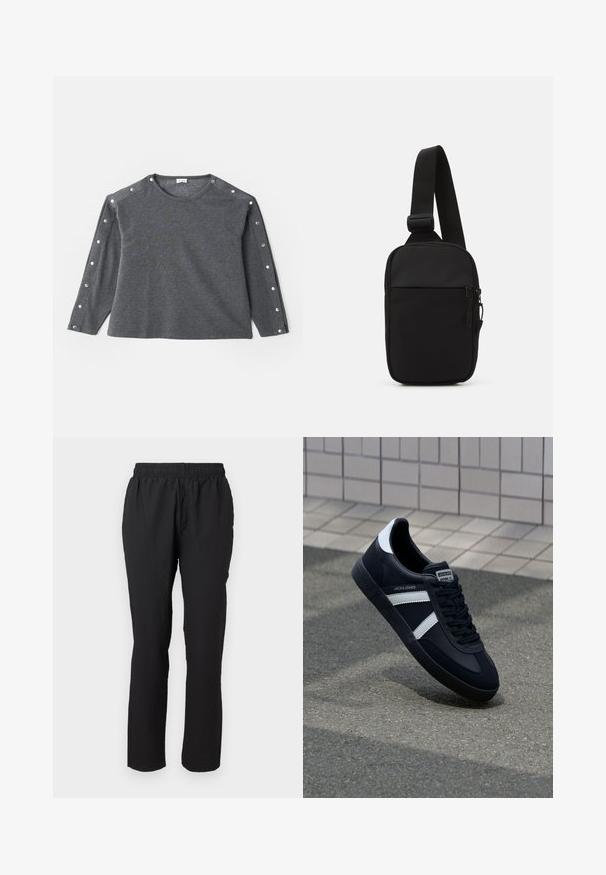 Siva majica dugih rukava od mekog materijala, sa okruglim izrezom i kopčama na dugmad duž ramena za dodatni detalj.; Crne, lagane hlače s elastičnom waistbandom, ravnog kroja i teksturirane tkanine, bez vidljivih kopčanja ili džepova.; Crne kožne tenisice s bijelim prugama, strukturirana gumena potplate i vezanjem sprijeda. Ima oznaku brenda na jeziku.; Crna torba preko tijela napravljena od izdržljive tkanine, s jednim podesivim remenom, glavnim odjeljkom na patentni zatvarač i prednjim džepom.