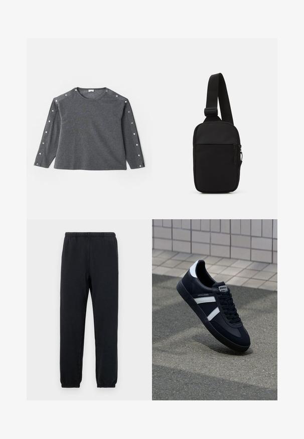 Hallitusroheline pika varrukaga särk pehmes kangas, millel ümmargune kaelus ja nööbid õlgadel lisadetailideks.; Mustad mustad püksid elastse vöökohtaga ja kitsenevate säärtega; valmistatud pehmest, venivast kangast, minimalistliku disainiga, ilma mustriteta.; Must have musta sneaker musta valgete triipudega, tekstuurne kummitald ja nööridega esiosa. Omab bränditud märki keele peal.; Mustmust crossbody kott mustekangast, millel on üks reguleeritav rihm, lukuga põhiosas ja eesmine tasku.