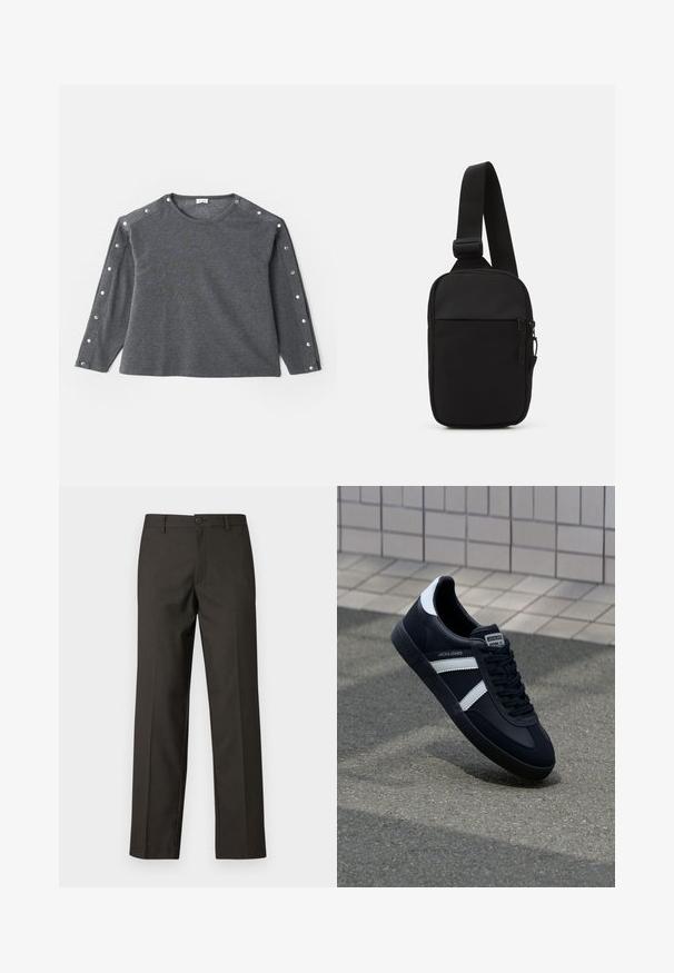 Hallitusroheline pika varrukaga särk pehmes kangas, millel ümmargune kaelus ja nööbid õlgadel lisadetailideks.; Tumed pruunid püksid, mis on valmistatud siledast kangast, sirge sääre disainiga, ees olevate taskutega ja nööbiga kinnitamisel vöökoha juures.; Must have musta sneaker musta valgete triipudega, tekstuurne kummitald ja nööridega esiosa. Omab bränditud märki keele peal.; Mustmust crossbody kott mustekangast, millel on üks reguleeritav rihm, lukuga põhiosas ja eesmine tasku.