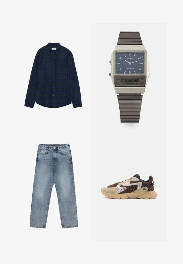 Bruine coltrui gemaakt van zachte stof, met lange mouwen, geribde boorden en een smal ontwerp zonder zichtbare patronen.; Navy en groene geblokte button-down shirt met een afgeronde onderkant, lange mouwen en een kraag. Heeft twaalf knoopsluitingen. Zachte stoftextuur.; Lichtblauwe denim jeans met een rechte pijp, zichtbare stiksels, vijf zakken en een knoopsluiting in de taille.; Beige en bruine sneaker met gestructureerde meshpanelen, suède accenten en een rubberen zool. Bevat vetersluiting en merkdetails.; Casio digitale watch met een blauwe wijzerplaat, zilveren kast en gelaagde zwarte rubberen band. Toont de tijd en alarminstellingen. Waterbestendig.