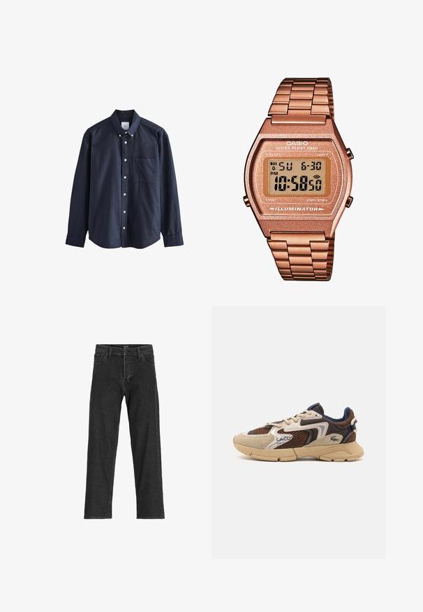 Bruine coltrui gemaakt van zachte stof, met lange mouwen, geribde boorden en een smal ontwerp zonder zichtbare patronen.; Marineblauwe knoopsluiting shirt van katoen, met een puntkraag, lange mouwen, een borstzak en witte knopen.; Zwarte spijkerbroek met een recht model, voorzien van een rits, riemlussen en zes zakken, gemaakt van een stevige katoenmix.; Beige en bruine sneaker met gestructureerde meshpanelen, suède accenten en een rubberen zool. Bevat vetersluiting en merkdetails.; Digitale Casio horloge met een roségouden metalen band, rechthoekige kast, verlicht display en waterdicht, toont tijd en datum.