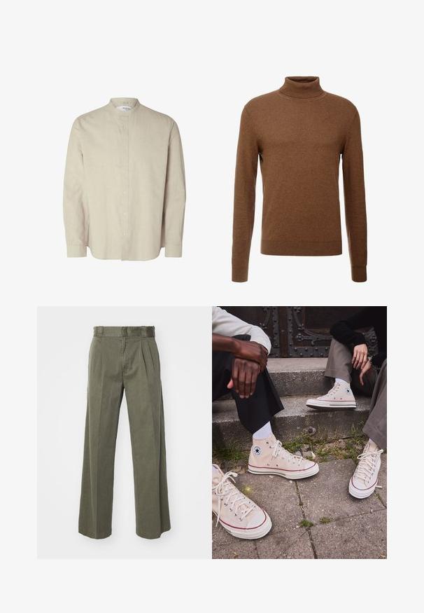 Rudas golfas, pagamintas iš minkštos medžiagos, su ilgomis rankovėmis, briaunotais riešais ir prigludusia forma, be matomų raštų.; Šviesiai béžinė lininė marškiniai su stovinčiu apykakle, visiškai uždaromi mygtukais priekyje, ilgos rankovės ir laisvas siluetas. Minimalistinis dizainas, tekstūruotas audinys.; Olivinės spalvos kelnės su laisvu, plačiu dizainu ir priekinių raukšlių detale. Pagamintos iš tekstūruoto audinio, su standartine juosmena ir be matomų aksesuarų.; Aukštakulniai bežiniai drobės sportbačiai su raudona juostele, balta guma padu, metaliniais užsegimais, su ikonišku žvaigždės logotipu šone.