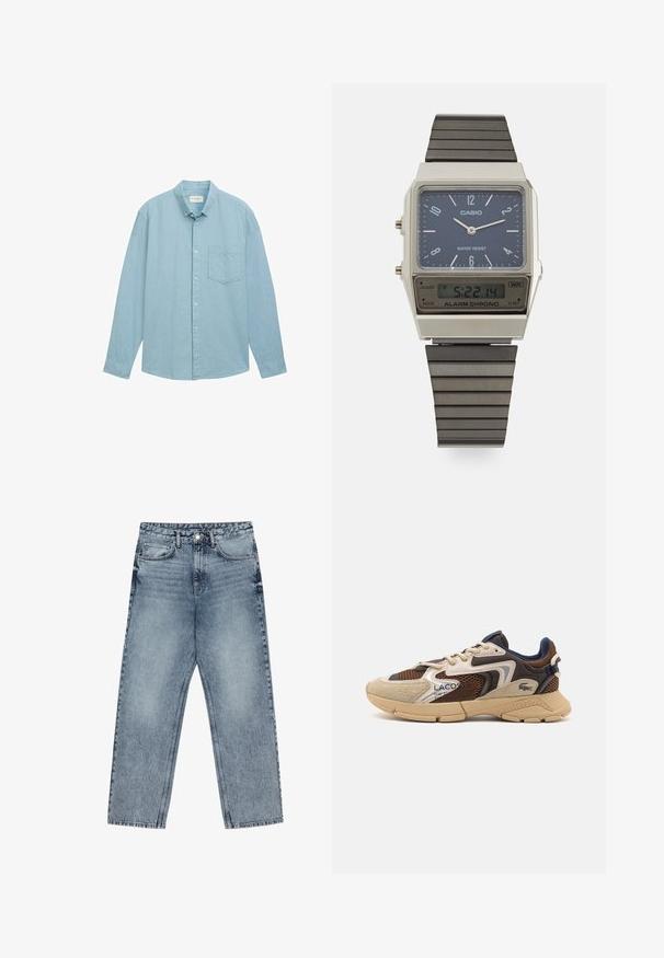 Bruine coltrui gemaakt van zachte stof, met lange mouwen, geribde boorden en een smal ontwerp zonder zichtbare patronen.; TOM TAILOR OXFORD - Overhemd - tropical teal chambray; Lichtblauwe denim jeans met een rechte pijp, zichtbare stiksels, vijf zakken en een knoopsluiting in de taille.; Beige en bruine sneaker met gestructureerde meshpanelen, suède accenten en een rubberen zool. Bevat vetersluiting en merkdetails.; Casio digitale watch met een blauwe wijzerplaat, zilveren kast en gelaagde zwarte rubberen band. Toont de tijd en alarminstellingen. Waterbestendig.